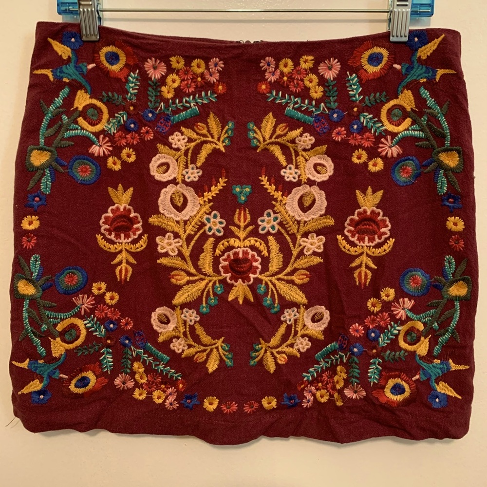 Altar’d State Embroidered Maroon Boho Floral Skirt